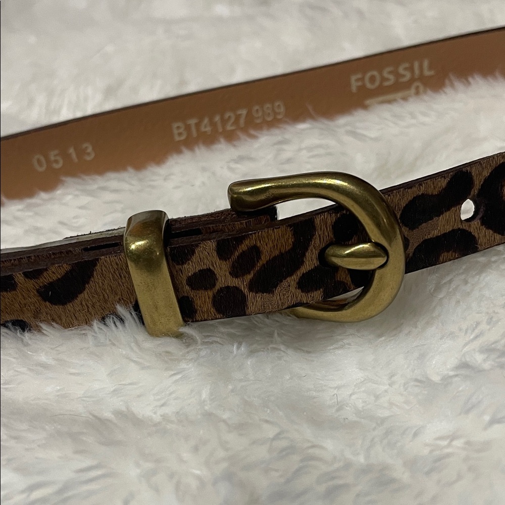 🍂 NEW FOSSIL GOLD BRASS TONE BUCKLE+CHAIN LINK,HAIR CALF CHEETAH LEATHER BELT S